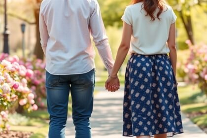 Pár kézen fogva sétál a virágos úton, jelezve a kapcsolatot és a szeretetet.