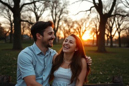 Boldog pár a parkban naplementében, első randi hangulata.