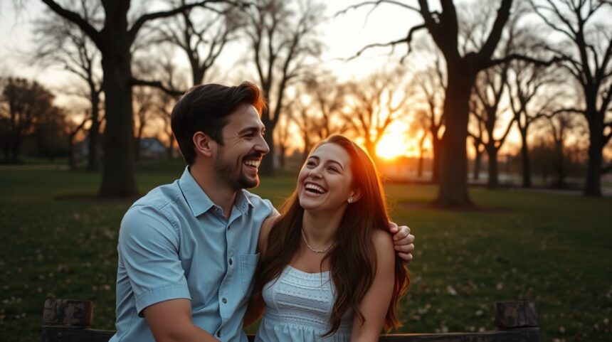 11 tipp az első randi előtti izgalom leküzdésére 1 Boldog pár a parkban naplementében, első randi hangulata.