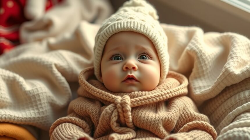 Baba réteges öltöztetés meleg ruhában és sapkában