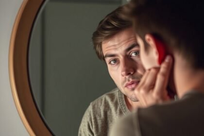 Férfi néz a tükörbe, gondolkodik önfejlesztésről.