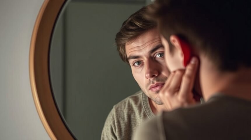 Férfi néz a tükörbe, gondolkodik önfejlesztésről.