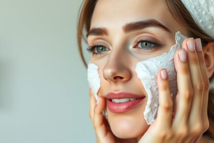 Fiatal nő bőrradírozás közben, ragyogó bőrrel.