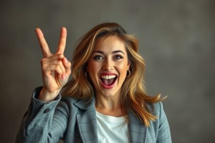 Mosolygó nő, aki a második helyet mutatja, önfejlesztés és boldogság.