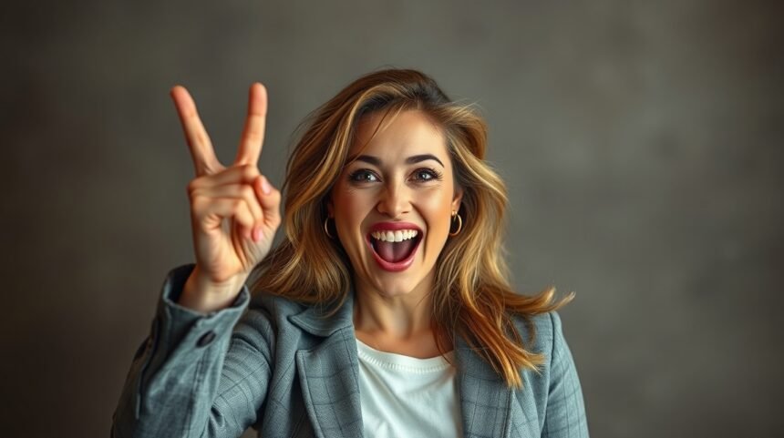 Mosolygó nő, aki a második helyet mutatja, önfejlesztés és boldogság.