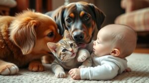 Baba, cica és kutya közötti barátság és összeszoktatás.