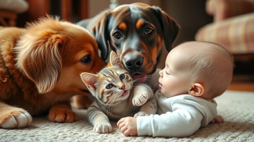 Baba, cica és kutya közötti barátság és összeszoktatás.