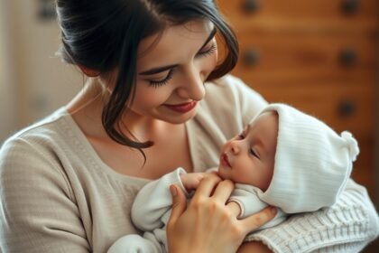 Egy édesanya öleli újszülött babáját, szeretetteljes pillanat.