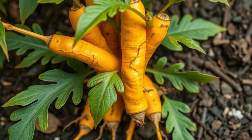 Kurkuma gyökerek zöld levelekkel, egészségügyi előnyökkel.