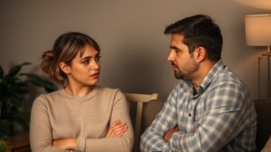 Egy pár, akik komolyan beszélgetnek az ex kapcsolatukról