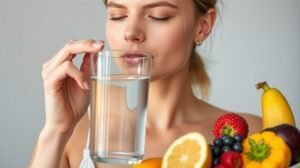 Fiatal nő egy pohár vízzel és gyümölcsökkel, a bőrápolás és hidratálás szimbóluma.