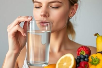 Fiatal nő egy pohár vízzel és gyümölcsökkel, a bőrápolás és hidratálás szimbóluma.