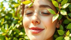 Fiatal nő ragyogó bőrrel zöld levelek között, természetben.