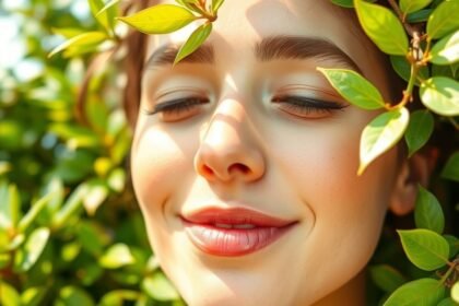 Fiatal nő ragyogó bőrrel zöld levelek között, természetben.