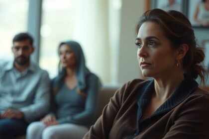 Egy nő gondolkodóan ül egy párkapcsolati beszélgetés során.