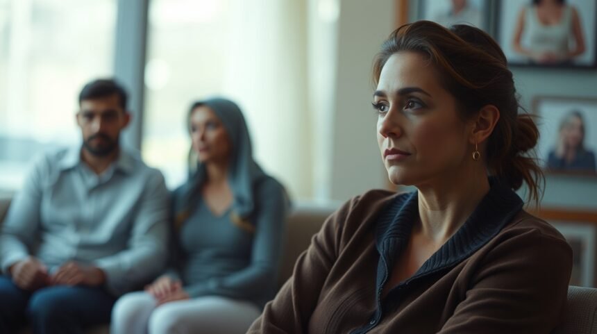 Egy nő gondolkodóan ül egy párkapcsolati beszélgetés során.