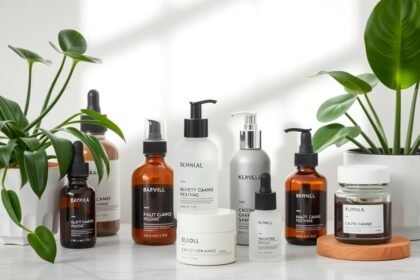 Bőrápolási termékek és növények egy modern fürdőszobai környezetben.