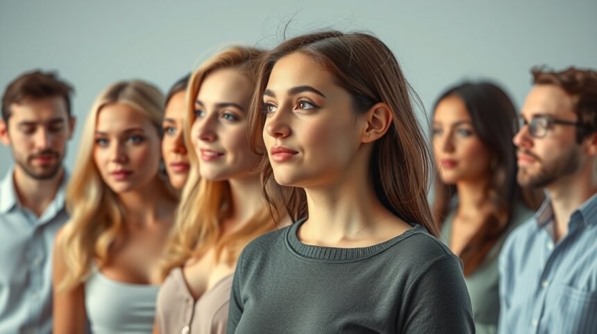 Fiatal nők és férfiak csoportja, akik különböző tulajdonságokat képviselnek.