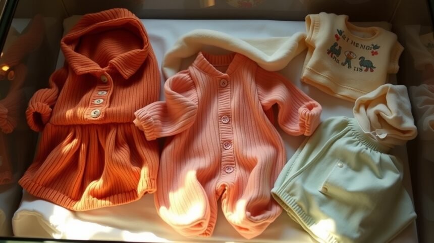 Baba első ruhadarabjai: kiszögellő, színes ruhák gyűjteménye az emlékekért.