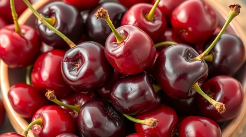 Friss, érett melatonintartalmú meggyek közelről