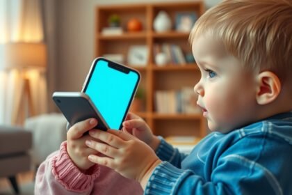 Csecsemő okostelefont tart a kezében, figyelmesen nézve.