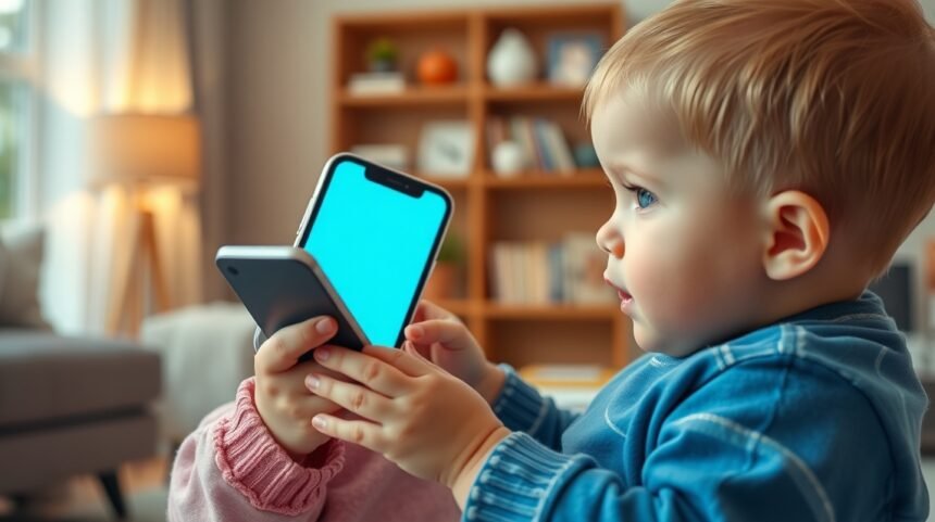 Csecsemő okostelefont tart a kezében, figyelmesen nézve.