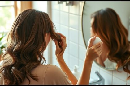 Nő hajápolási trükkök alkalmazása tükör előtt