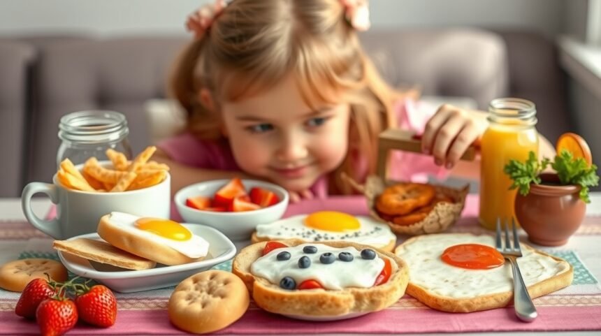 Laktató és egészséges reggeli gyerekeknek, friss gyümölcsökkel.