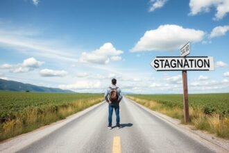 Egy fiatal férfi egy találkozón keresztül áll a stagnálás táblájánál.