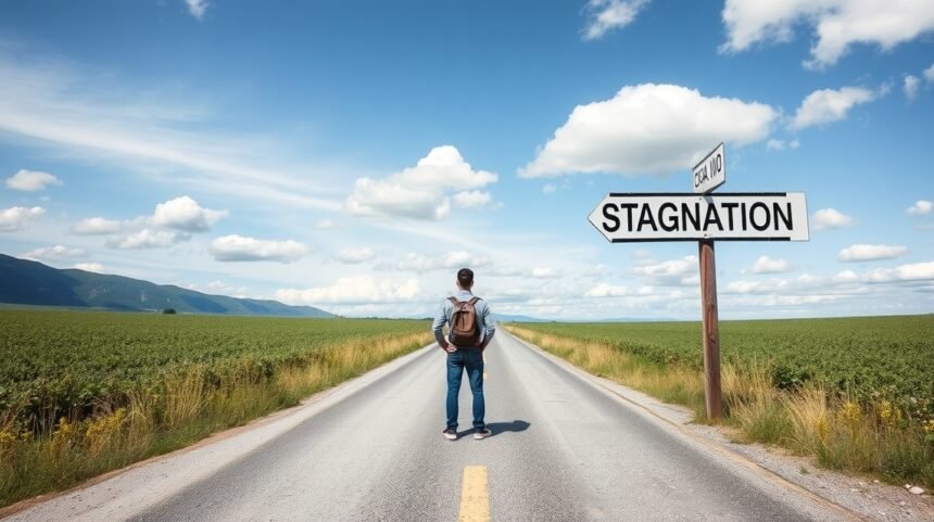 Egy fiatal férfi egy találkozón keresztül áll a stagnálás táblájánál.