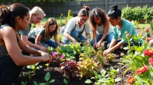 Nők közösen kertészkednek egy virágzó kertben, együttműködés a természetben.