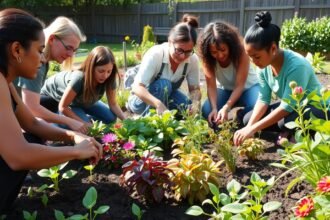 Nők közösen kertészkednek egy virágzó kertben, együttműködés a természetben.