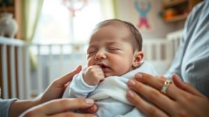 Baba alszik szoptatás után, anyai kezek keretezik.