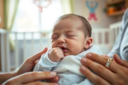 Baba alszik szoptatás után, anyai kezek keretezik.