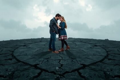 Egy pár közel áll egymáshoz egy repedezett talajon, amely a kapcsolatok instabilitását szimbolizálja.