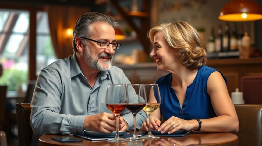 Érett pár beszélget randin, étteremben, vörös és fehér borokkal