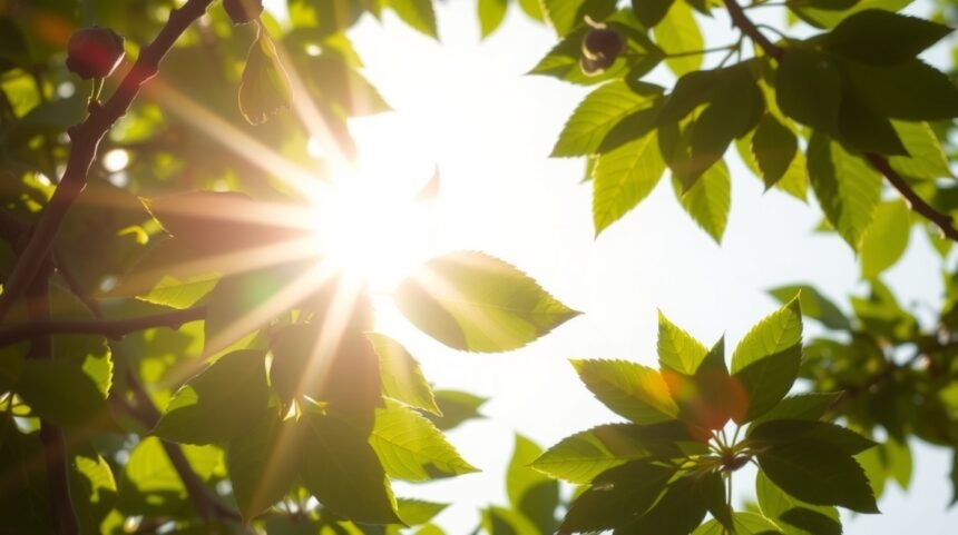 A napfény átszüremlik a leveleken, illusztrálva a D-vitamin fontosságát.