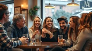 Barátok vidáman beszélgetnek egy kávézóban