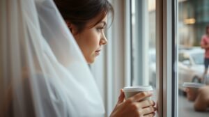 Nő nézi az ablakon kívüli világot, kávét tart a kezében.