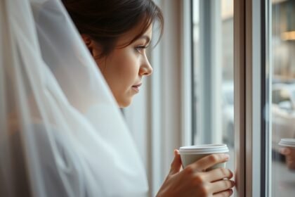 Nő nézi az ablakon kívüli világot, kávét tart a kezében.