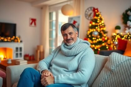 Egy férfi ünnepi hangulatban, meleg pulcsiban ül a kanapén.