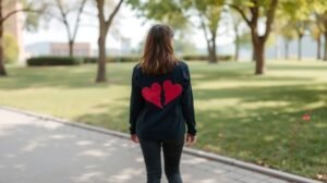 Egy nő hátulról, szív törés mintával a ruháján, séta közben