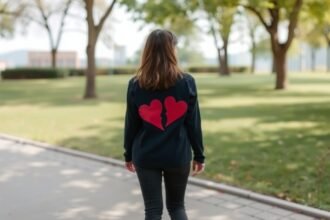 Egy nő hátulról, szív törés mintával a ruháján, séta közben