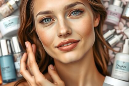 Fiatal nő arcbőr ápolásával, anti-aging termékek között