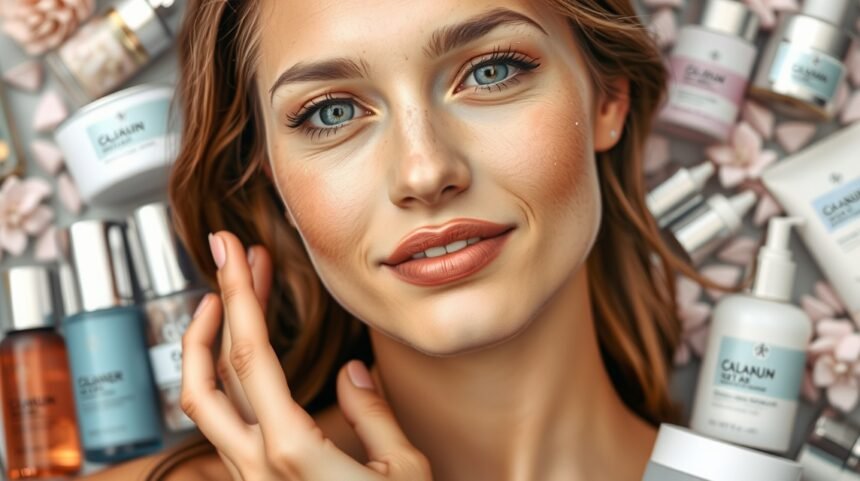 Fiatal nő arcbőr ápolásával, anti-aging termékek között