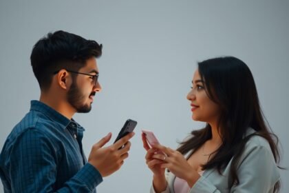 Két fiatal ember távkapcsolatban telefonon kommunikál