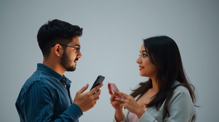 Két fiatal ember távkapcsolatban telefonon kommunikál