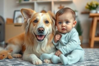 Egy kutya és egy baba, akik együtt játszanak a nappaliban.