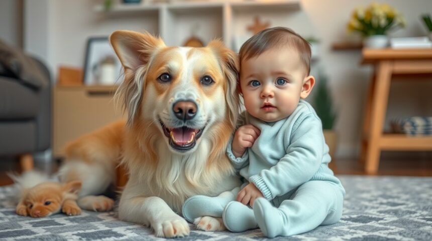 Egy kutya és egy baba, akik együtt játszanak a nappaliban.