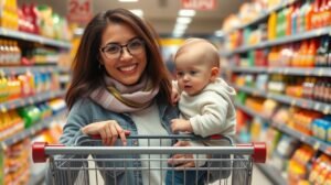 womensway 130 Fiatal anya bébi kocsival bevásárlás közben egy boltban.